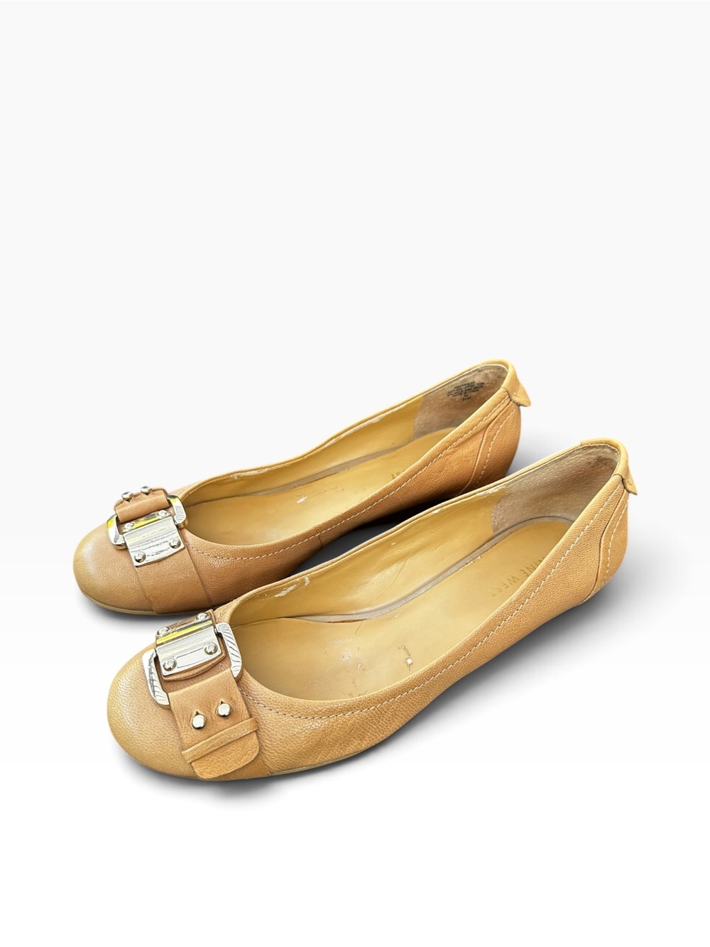 Nine West Tan Leather Low Wedge Pumps Buckle Detail Size 8.5